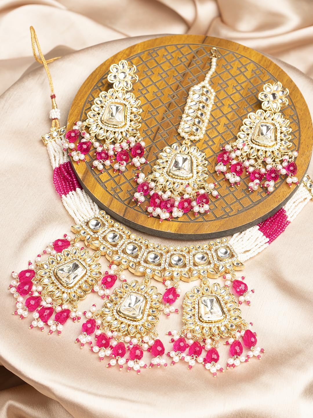 Gold Plated Pink Beaded Poki Jewellery Set with Maangtika